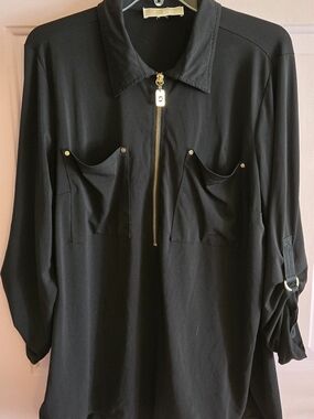 Michael Kors Black Long Sleeve Zip Front Blouse with Gold Hardware